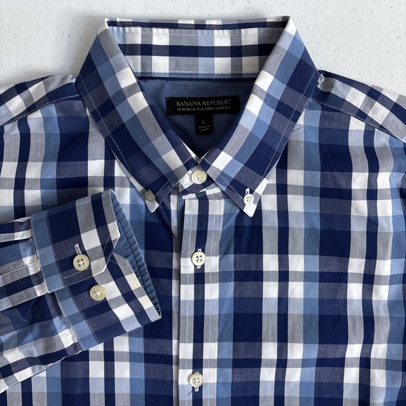 Banana Republic Men's L Non-Iron Tailored‎ Slim Fit Blue White Plaid Button Down - Picture 1 of 11